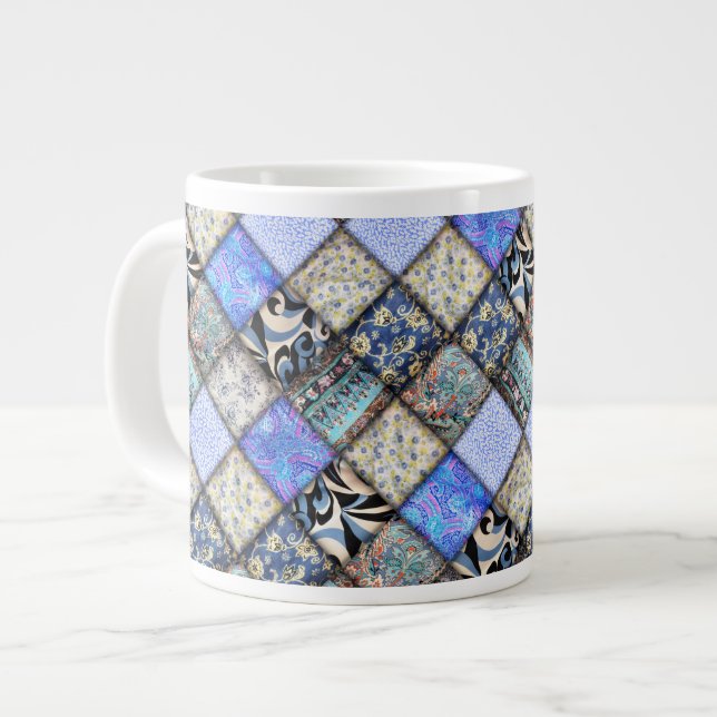 Caneca De Café Grande Padrão de Coleta de Patchwork do Blue Faux (Frente Esquerda)