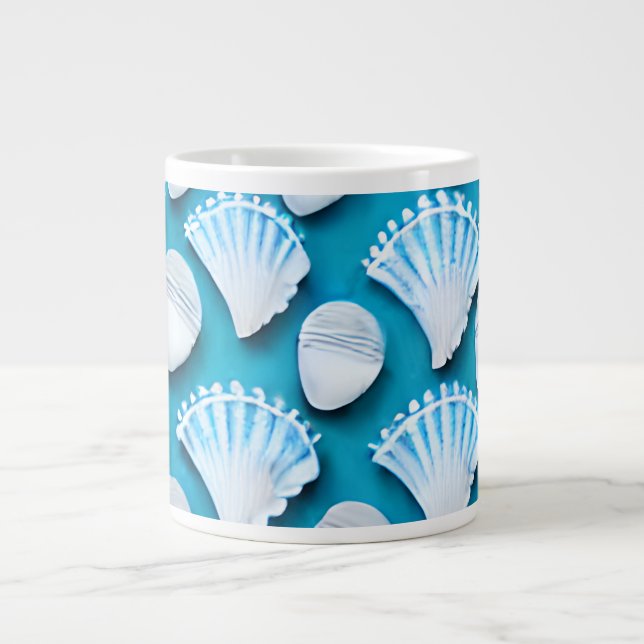 Caneca De Café Grande Padrão de conchas do oceano azul e branco (Frente)