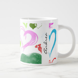 Caneca De Café Grande Padrão De Corações, Corações Coloridos, Seu Nome