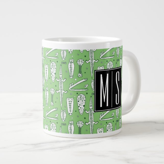Caneca De Café Grande Padrão de Crocodilo do Esboço| Monograma (Frente Esquerda)