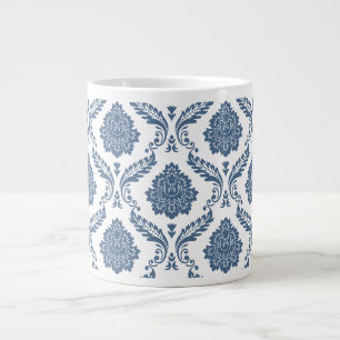 Caneca De Café Grande Padrão de Damasco Rococó Azul sobre Branco