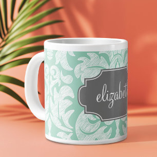 Caneca De Café Grande Padrão de Damasco Verde-Menta e Cinza com Nome Per