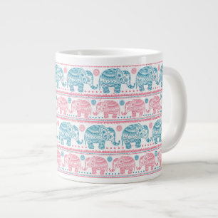 Caneca De Café Grande Padrão De Elefante Étnico Rosa E Teal