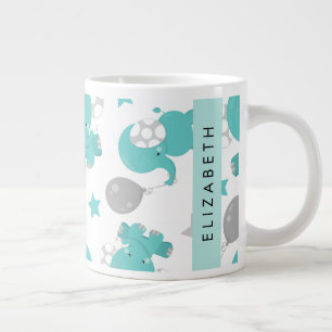 Caneca De Café Grande Padrão De Elefantes Azuis, Estrelas, Seu Nome