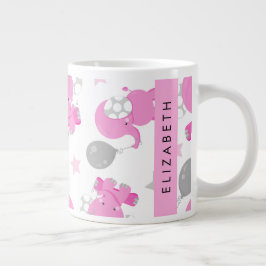 Caneca De Café Grande Padrão De Elefantes Rosa, Estrelas, Seu Nome
