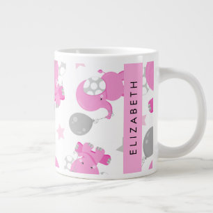 Caneca De Café Grande Padrão De Elefantes Rosa, Estrelas, Seu Nome