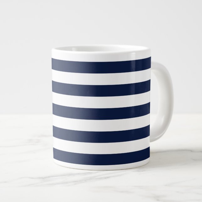 Caneca De Café Grande Padrão de Faixa Azul de Marinho Branco {escolha su (Frente Esquerda)