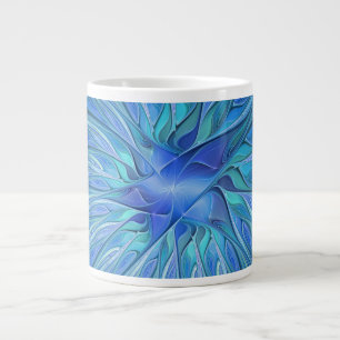 Caneca De Café Grande Padrão de Fantasia de Flor Azul, Arte Fractal Abst