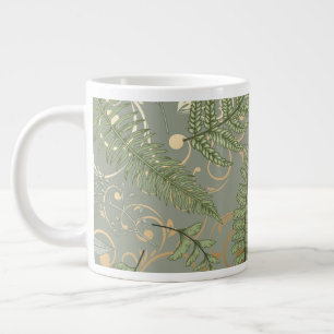 Caneca De Café Grande Padrão de Fern Verde e Dourado