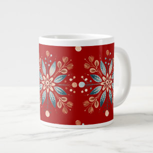 Caneca De Café Grande Padrão de Floco de Neve do Red Nordic Folk Natal
