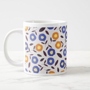 Caneca De Café Grande Padrão de Flor Azul e Laranja Vintage