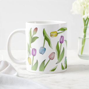 Caneca De Café Grande Padrão de Flor das Tulipas Coloridas Modernas