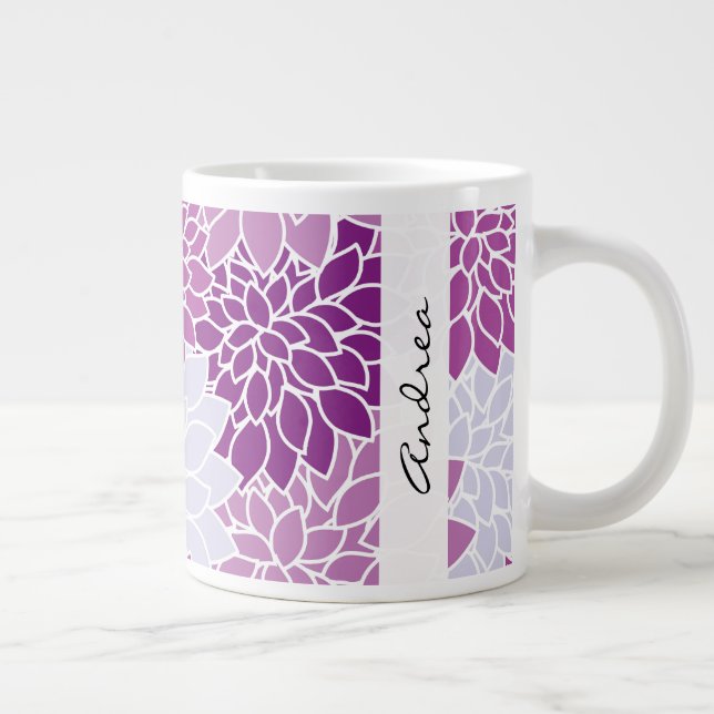 Caneca De Café Grande Padrão De Flores, Dália Roxa, Seu Nome (Direita)