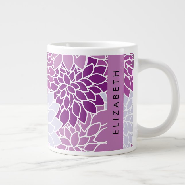 Caneca De Café Grande Padrão De Flores, Dália Roxa, Seu Nome (Direita)