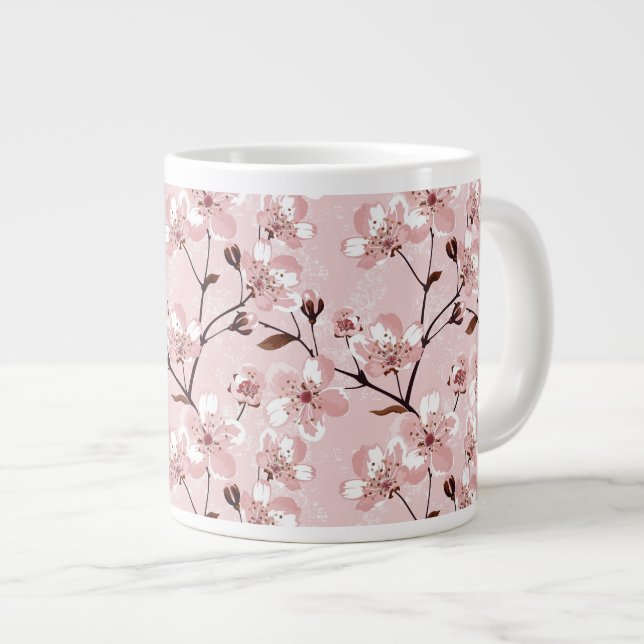 Caneca De Café Grande Padrão de Flores de Flor de Cereja (Frente Esquerda)
