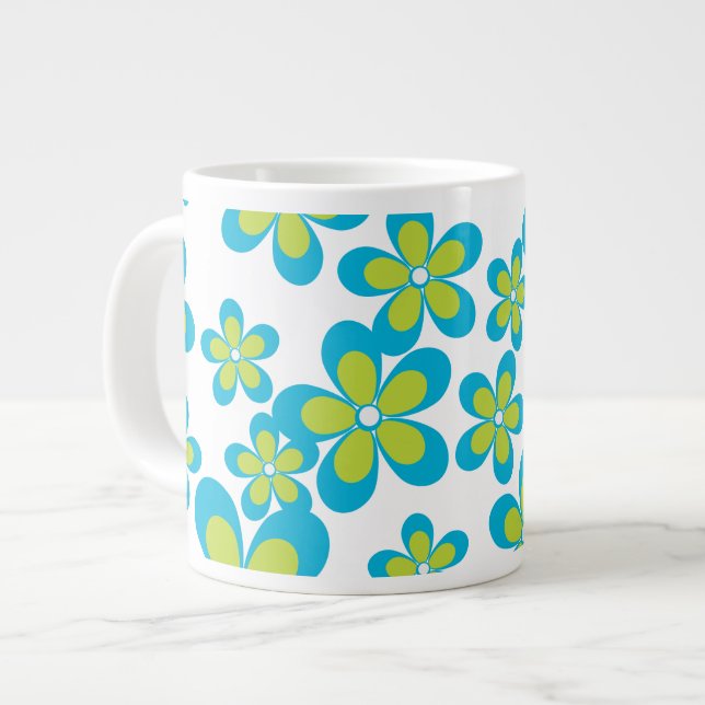 Caneca De Café Grande Padrão De Flores, Flores Azuis, Flores Verdes (Frente Esquerda)