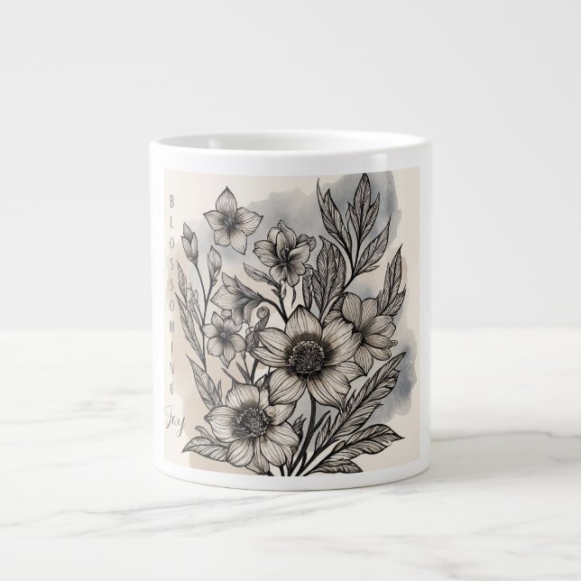 Caneca De Café Grande Padrão de Flores Lindas, Alegria em Flor (Frente)