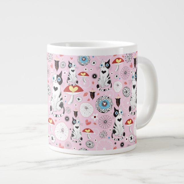 Caneca De Café Grande padrão de gatos e flores (Frente Esquerda)
