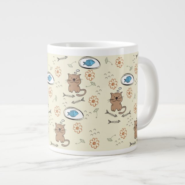 Caneca De Café Grande padrão de gatos e peixes (Frente Esquerda)