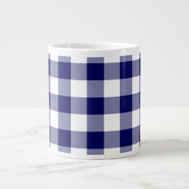 Caneca De Café Grande Padrão de Gingham Branco e marinho