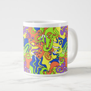 Caneca De Café Grande Padrão de Labirinto Abstrato Neon Rabiscado