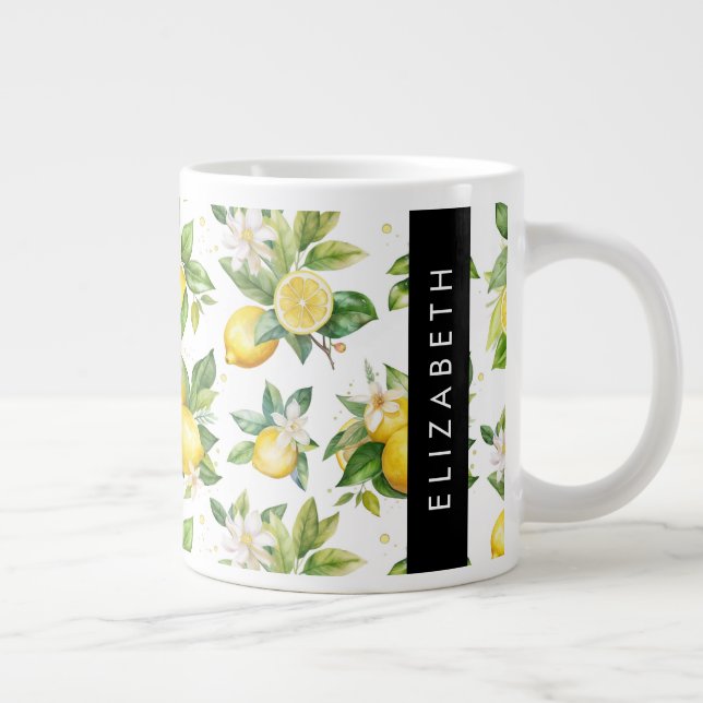 Caneca De Café Grande Padrão De Limão, Flores De Limão, Folhas, Seu Nome (Direita)