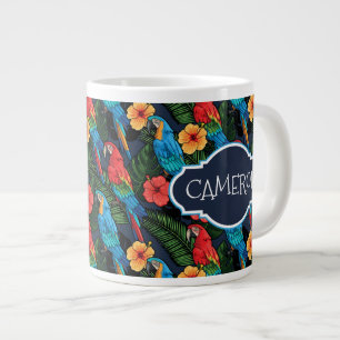 Caneca De Café Grande Padrão De Macaw E Hibiscus Adicione Seu Nome