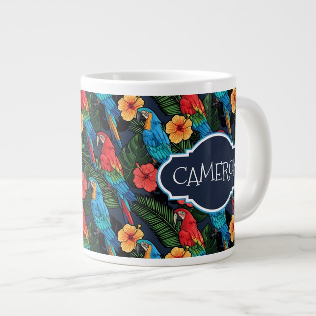Caneca De Café Grande Padrão De Macaw E Hibiscus| Adicione Seu Nome (Frente Esquerda)