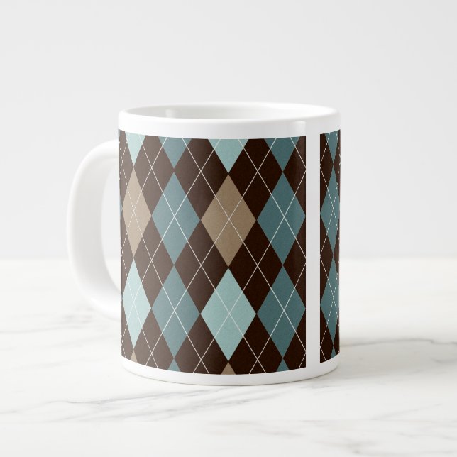 Caneca De Café Grande Padrão de Moda Azul e Escuro de Argyle (Frente Esquerda)
