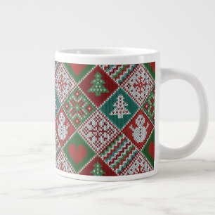 Caneca De Café Grande Padrão de Natal do Knit Branco Verde Vermelho