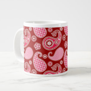 Caneca De Café Grande Padrão de Paisley, Vermelho Escuro, Rosa e Branco