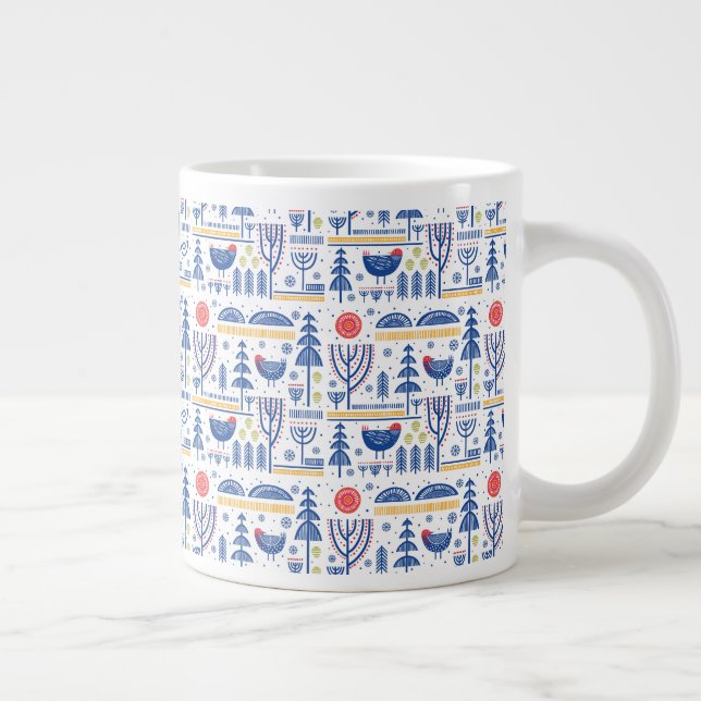 Caneca De Café Grande Padrão de Pássaros de Inverno Folk Art (Direita)