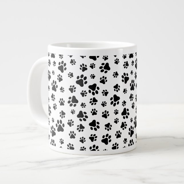 Caneca De Café Grande Padrão De Patas, Patas Cachorros, Preto e Branco (Frente Esquerda)
