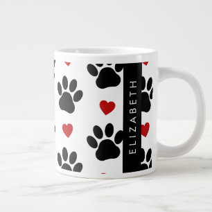 Caneca De Café Grande Padrão De Patas, Patas Negras, Corações Vermelhos,