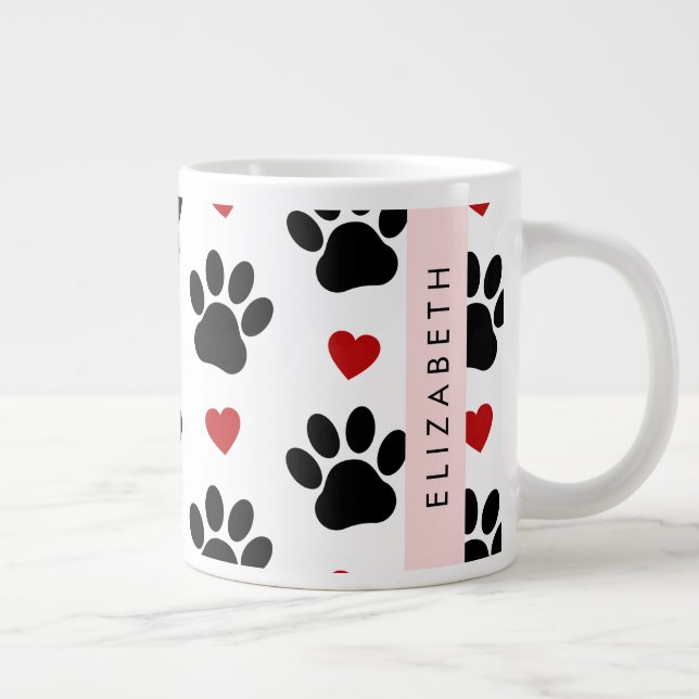 Caneca De Café Grande Padrão De Patas, Patas Negras, Corações Vermelhos, (Direita)
