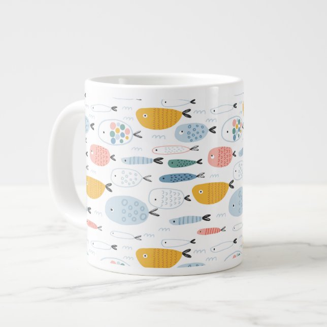 Caneca De Café Grande Padrão de Peixe da Escola de Doodle (Frente Esquerda)