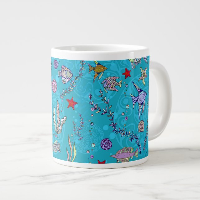 Caneca De Café Grande Padrão de Peixe Turquesa (Frente Esquerda)