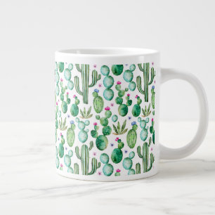 Caneca De Café Grande Padrão de Plantas de Cactus Watercolor