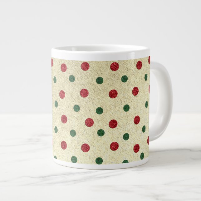 Caneca De Café Grande Padrão de Pontos Verdes Vermelhos do Natal (Frente Esquerda)