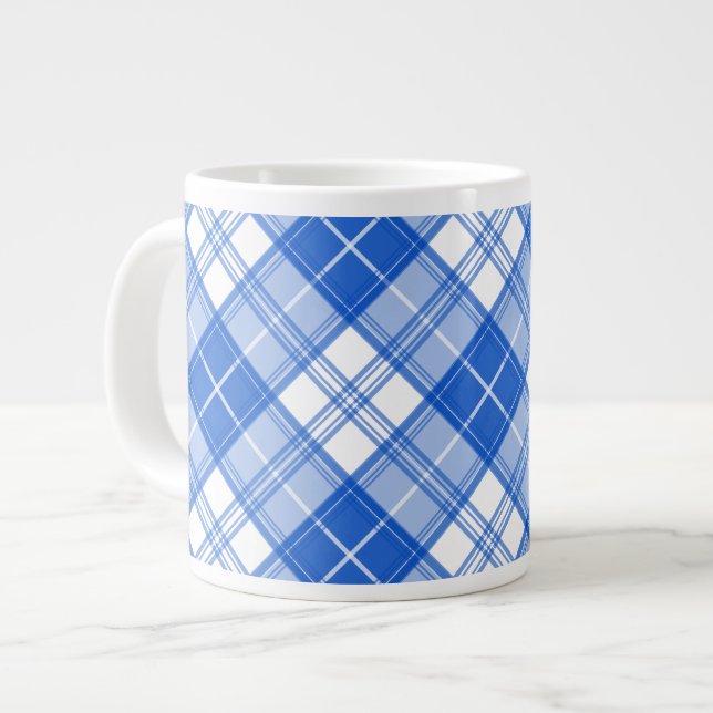 Caneca De Café Grande Padrão de Tartan Branco Azul Escuro yxm0uat9 na di (Frente Esquerda)