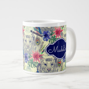 Caneca De Café Grande Padrão de Tigre de Estilo Indígena Vintage Adic
