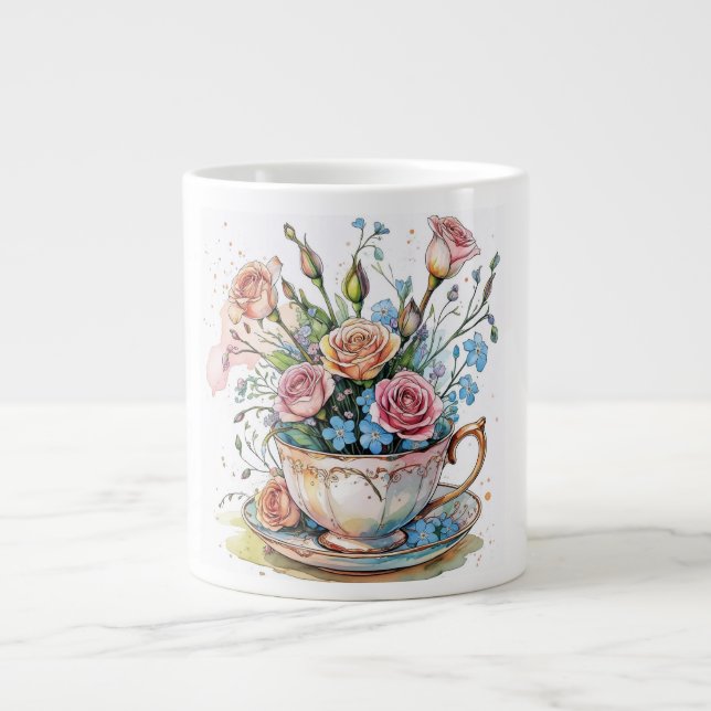 Caneca De Café Grande Padrão de Vinha Floral - Molho de Aquarela Arte Bo (Frente)