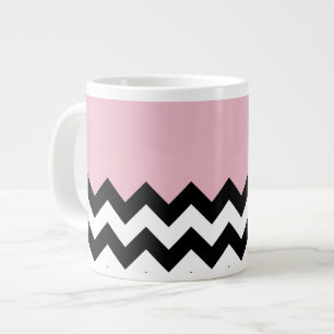 Caneca De Café Grande Padrão de ziguezague preto e branco, Chevron, rosa
