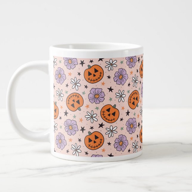 Caneca De Café Grande Padrão Diversão de Abóboras e Flores do Halloween (Esquerda)
