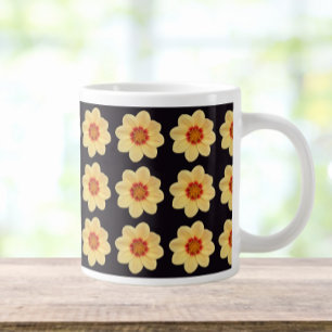 Caneca De Café Grande Padrão Floral Amarelo Dahlia em Preto