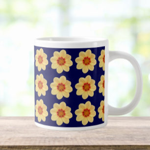 Caneca De Café Grande Padrão Floral Amarelo Dahlia no Azul