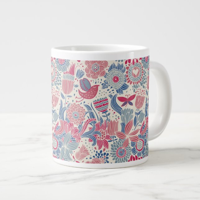 Caneca De Café Grande Padrão floral com ave e borboleta (Frente Esquerda)