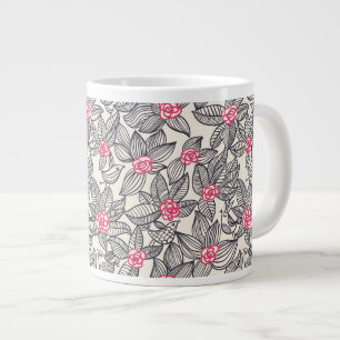 Caneca De Café Grande Padrão floral com aves de desenho