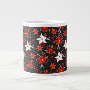 Caneca De Café Grande Padrão Floral com Flores Brancas Vermelhas- 11438