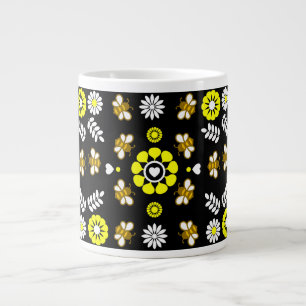 Caneca De Café Grande Padrão Floral de Abelha Botânica